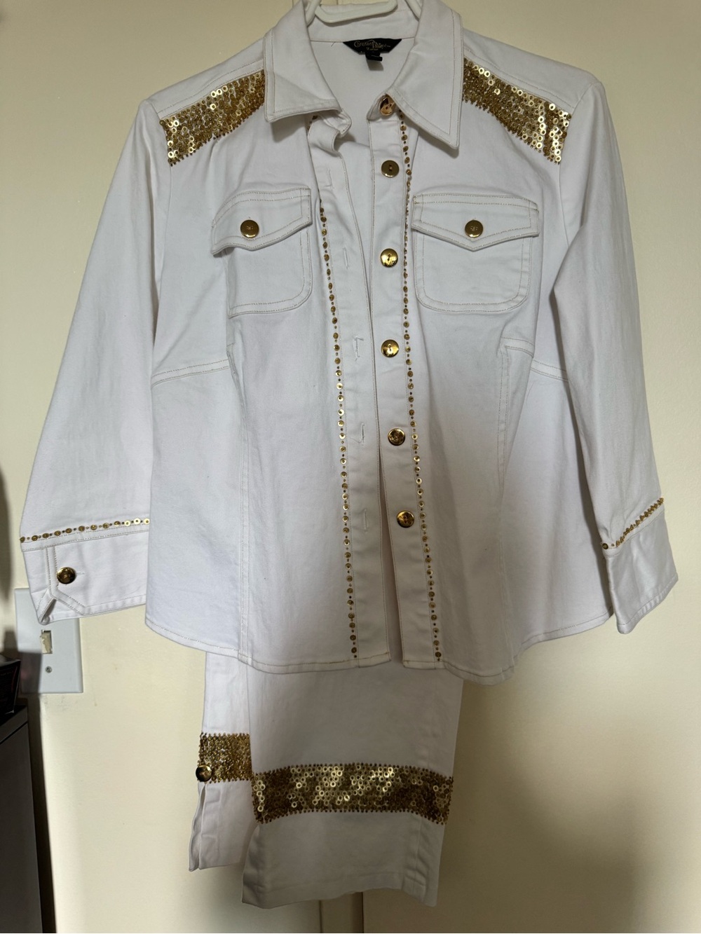 Guess White Sequin-Trim Denim Jacket